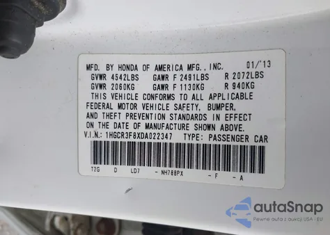 2013 Honda Accord Ex-L V-6 z USA, uszkodzony, nr VIN 1HGCR3F8XDA022347